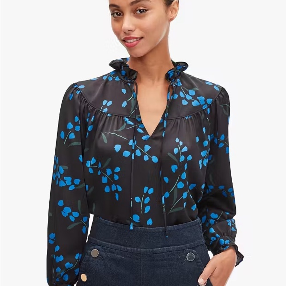 kate spade Black Blouse with Bright Blue Floral Print and Ruffle Neck
